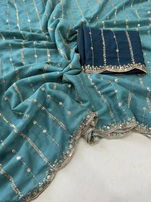 Rama color georgette embroidered work saree with un-stitch blouse 4