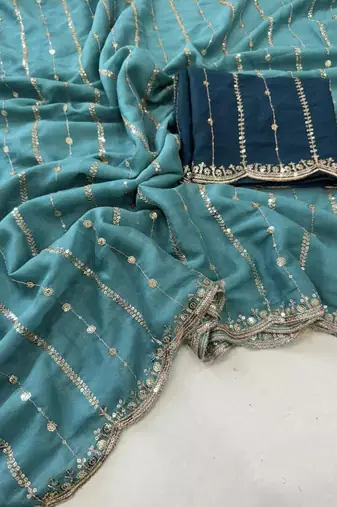 Rama color georgette embroidered work saree with un-stitch blouse