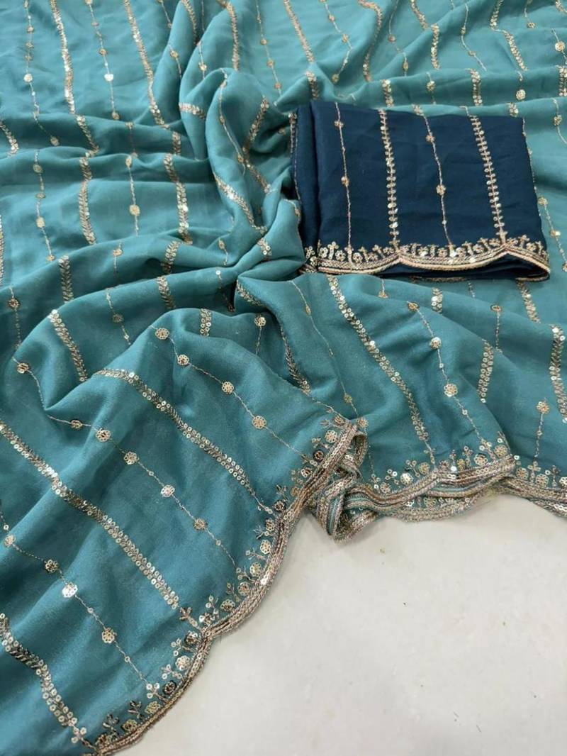 Rama color georgette embroidered work saree with un-stitch blouse