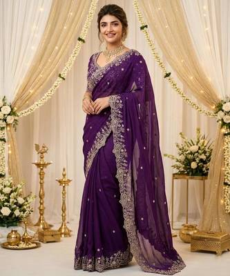 purple georgette embroidered saree with blouse 1