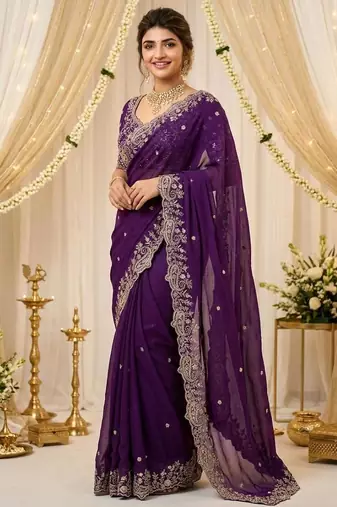 purple georgette embroidered saree with blouse