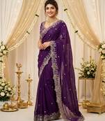 purple georgette embroidered saree with blouse