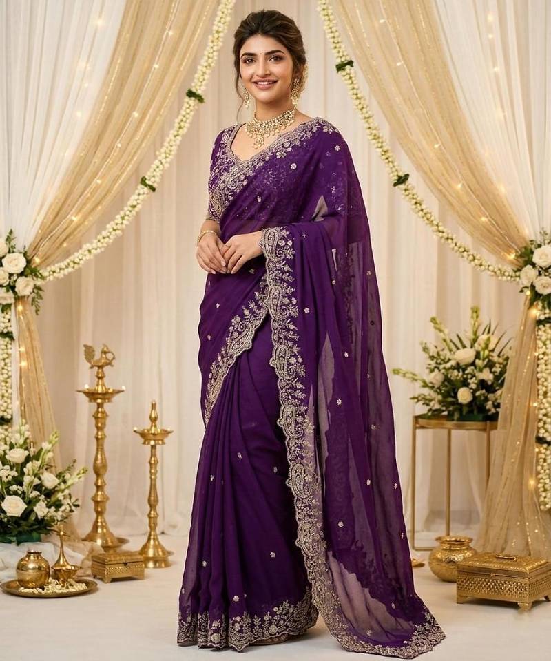 purple georgette embroidered saree with blouse