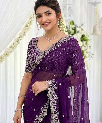 purple georgette embroidered saree with blouse 2