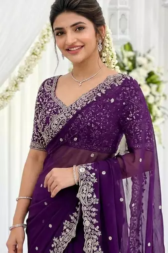 purple georgette embroidered saree with blouse