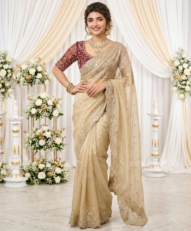 cream georgette embroidered saree with blouse