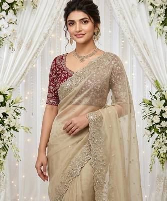 cream georgette embroidered saree with blouse 2