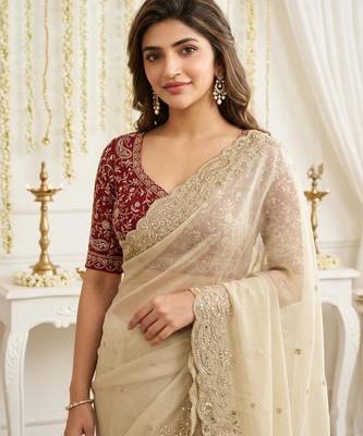 cream georgette embroidered saree with blouse 3