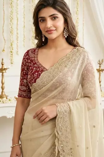 cream georgette embroidered saree with blouse