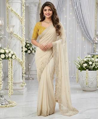 off-white georgette embroidered saree with blouse 1