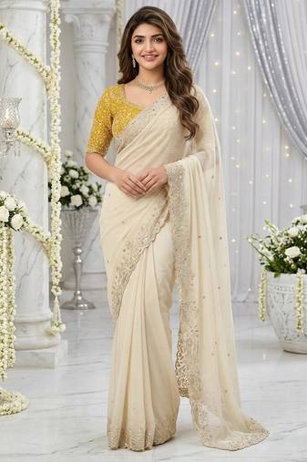 off-white georgette embroidered saree with blouse