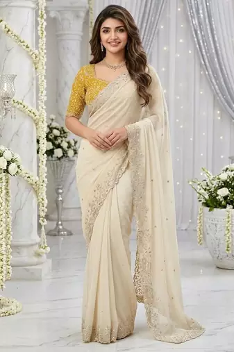 white georgette embroidered saree with blouse