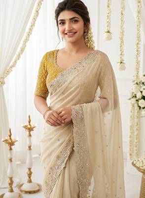 off-white georgette embroidered saree with blouse 2