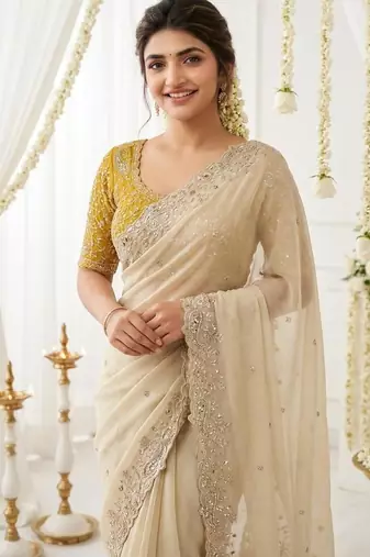 off-white georgette embroidered saree with blouse
