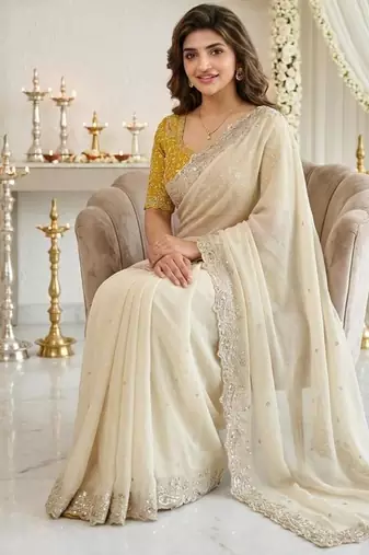 off-white georgette embroidered saree with blouse