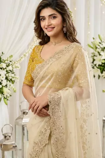 off-white georgette embroidered saree with blouse