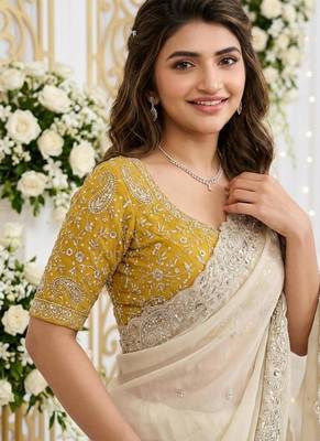 off-white georgette embroidered saree with blouse 5