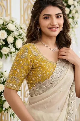 off-white georgette embroidered saree with blouse