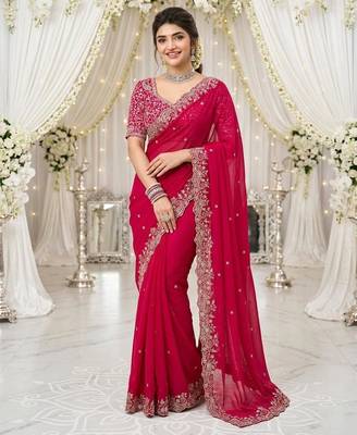 pink georgette embroidered saree with blouse 1
