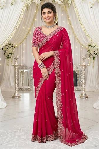 pink georgette embroidered saree with blouse