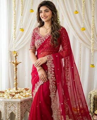 pink georgette embroidered saree with blouse 2