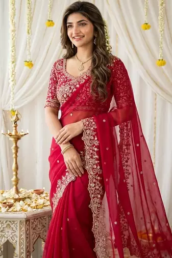 pink georgette embroidered saree with blouse