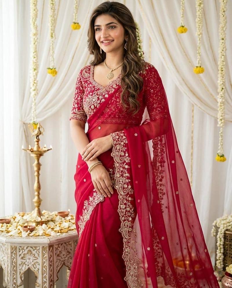 pink georgette embroidered saree with blouse