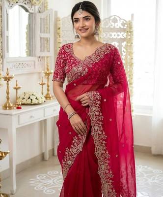 pink georgette embroidered saree with blouse 3