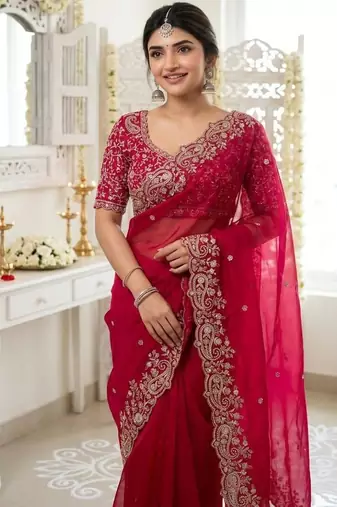 pink georgette embroidered saree with blouse