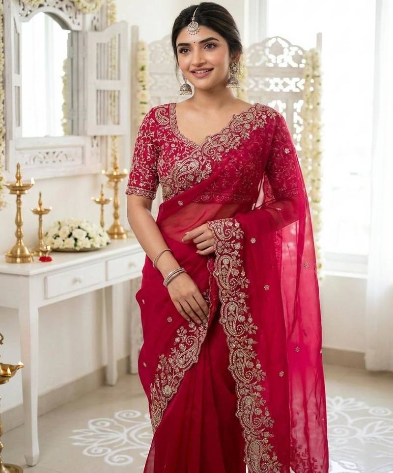 pink georgette embroidered saree with blouse