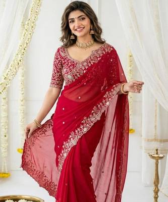 pink georgette embroidered saree with blouse 4