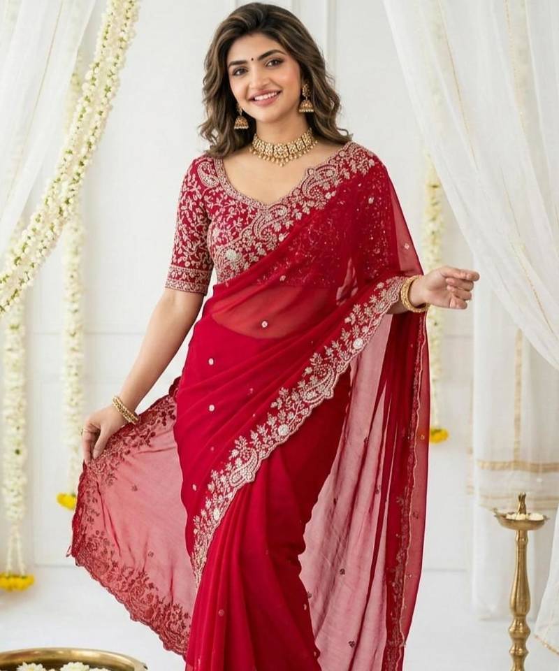 pink georgette embroidered saree with blouse