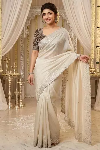 white georgette embroidered saree with blouse