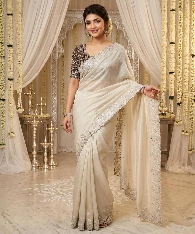 Off-White georgette embroidered saree with blouse
