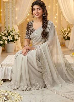 Off-White georgette embroidered saree with blouse 2