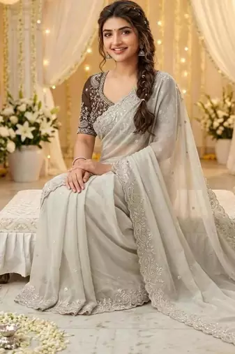 Off-White georgette embroidered saree with blouse
