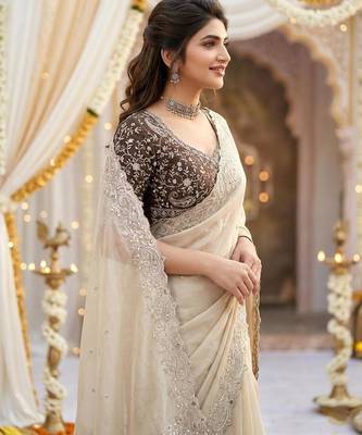 Off-White georgette embroidered saree with blouse 3