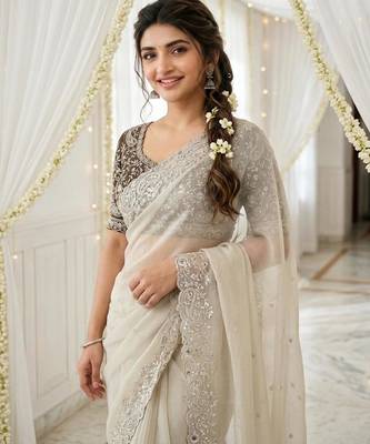 Off-White georgette embroidered saree with blouse 4
