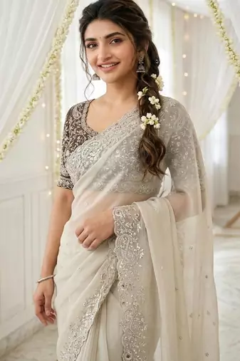 Off-White georgette embroidered saree with blouse