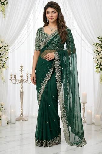 green georgette embroidered saree with blouse