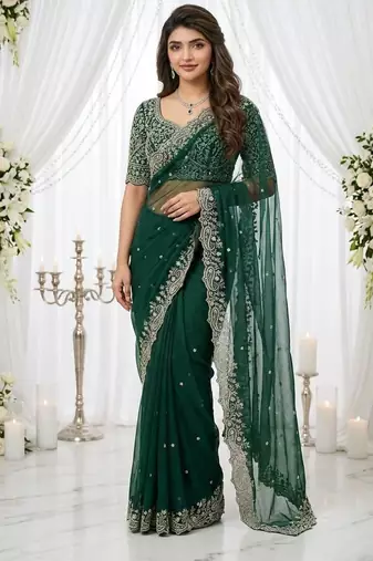 green georgette embroidered saree with blouse