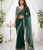 green georgette embroidered saree with blouse