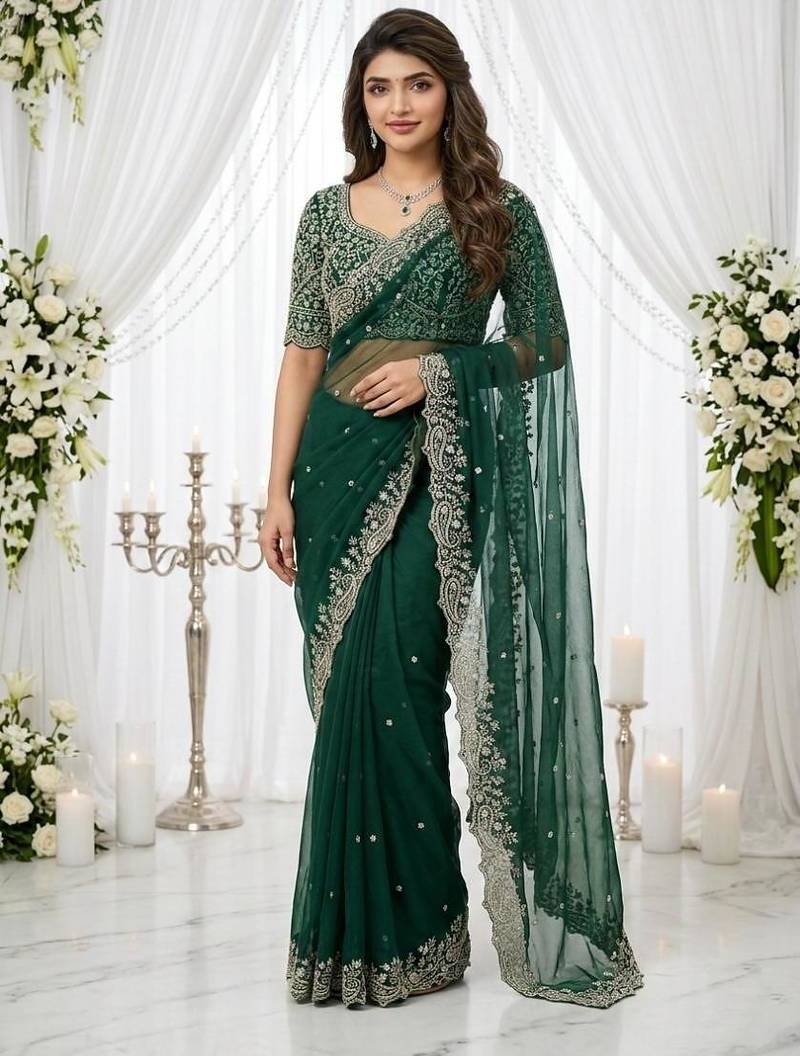 green georgette embroidered saree with blouse