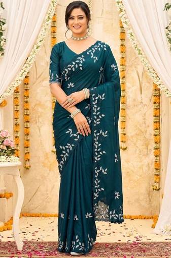 aqua blue georgette embroidered saree with blouse