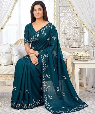 aqua blue georgette embroidered saree with blouse 2