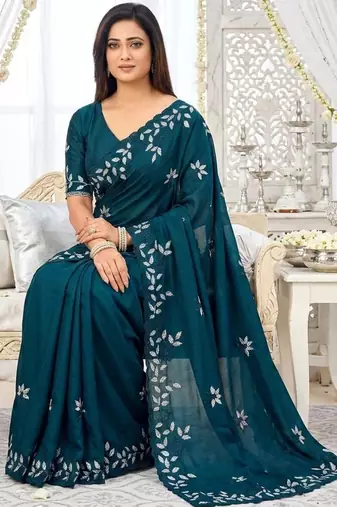 aqua blue georgette embroidered saree with blouse