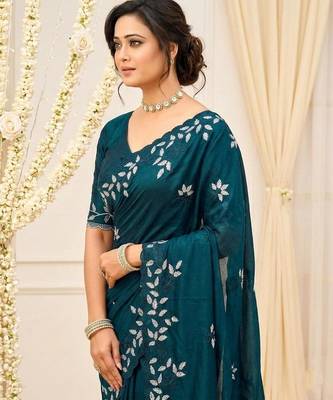 aqua blue georgette embroidered saree with blouse 3