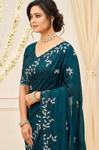 aqua blue georgette embroidered saree with blouse