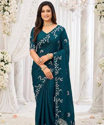 aqua blue georgette embroidered saree with blouse 4