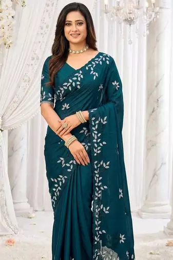 aqua blue georgette embroidered saree with blouse